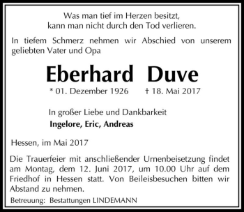 Traueranzeige von Eberhard Duve  von Magdeburger Volksstimme