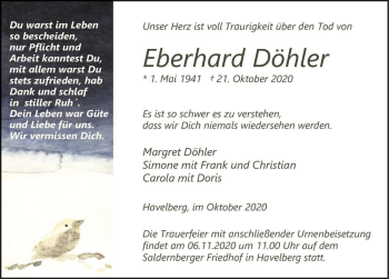 Traueranzeige von Eberhard Döhler  von Magdeburger Volksstimme