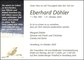 Traueranzeige von Eberhard Döhler  von Magdeburger Volksstimme