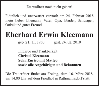 Traueranzeige von Eberhard Erwin Kleemann  von Magdeburger Volksstimme