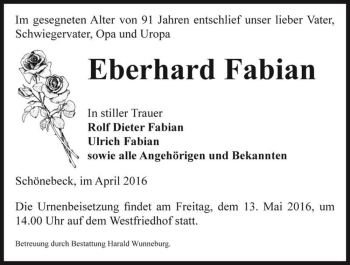 Traueranzeige von Eberhard Fabian  von Magdeburger Volksstimme