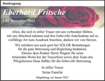 Traueranzeige von Eberhard Fritsche  von Magdeburger Volksstimme