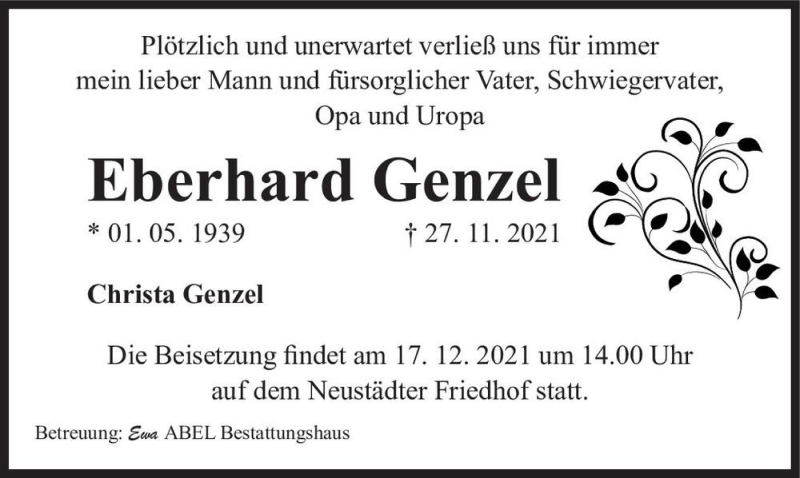  Traueranzeige für Eberhard Genzel  vom 10.12.2021 aus Magdeburger Volksstimme