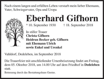 Traueranzeige von Eberhard Gifhorn  von Magdeburger Volksstimme
