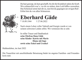 Traueranzeige von Eberhard Gäde  von Magdeburger Volksstimme