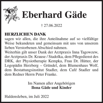 Traueranzeige von Eberhard Gäde  von Magdeburger Volksstimme