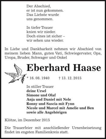 Traueranzeige von Eberhard Haase  von Magdeburger Volksstimme
