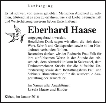 Traueranzeige von Eberhard Haase  von Magdeburger Volksstimme