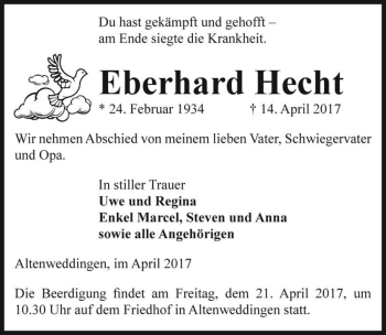 Traueranzeige von Eberhard Hecht  von Magdeburger Volksstimme