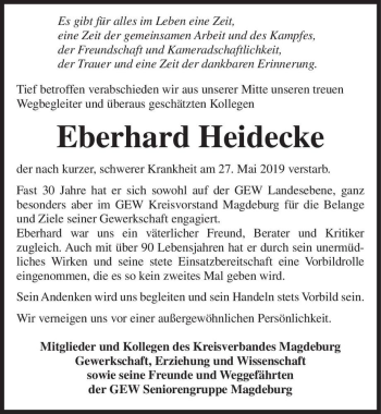 Traueranzeige von Eberhard Heidecke  von Magdeburger Volksstimme