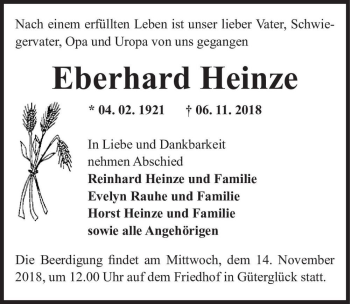 Traueranzeige von Eberhard Heinze  von Magdeburger Volksstimme