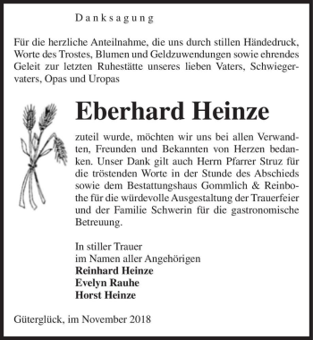 Traueranzeige von Eberhard Heinze  von Magdeburger Volksstimme