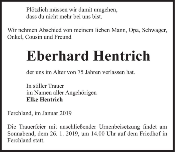 Traueranzeige von Eberhard Hentrich  von Magdeburger Volksstimme
