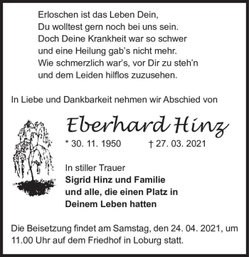 Traueranzeige von Eberhard Hinz  von Magdeburger Volksstimme