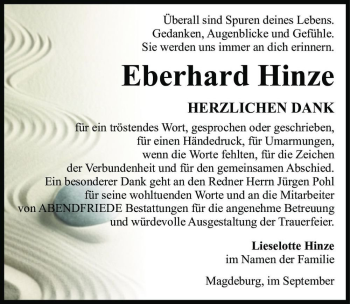 Traueranzeige von Eberhard Hinze  von Magdeburger Volksstimme