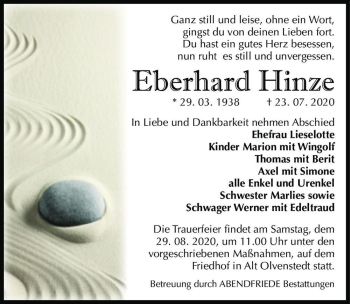 Traueranzeige von Eberhard Hinze  von Magdeburger Volksstimme