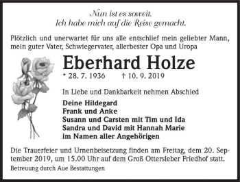 Traueranzeige von Eberhard Holze  von Magdeburger Volksstimme