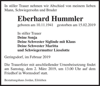 Traueranzeige von Eberhard Hummler  von Magdeburger Volksstimme