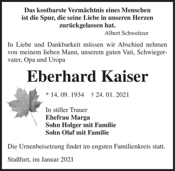 Traueranzeige von Eberhard Kaiser  von Magdeburger Volksstimme