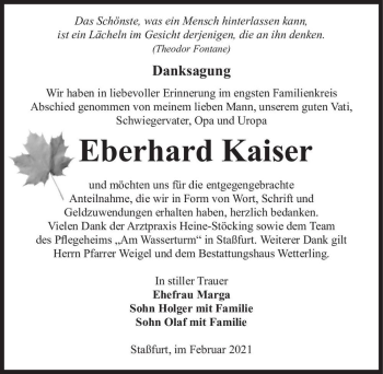 Traueranzeige von Eberhard Kaiser  von Magdeburger Volksstimme