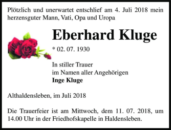 Traueranzeige von Eberhard Kluge  von Magdeburger Volksstimme