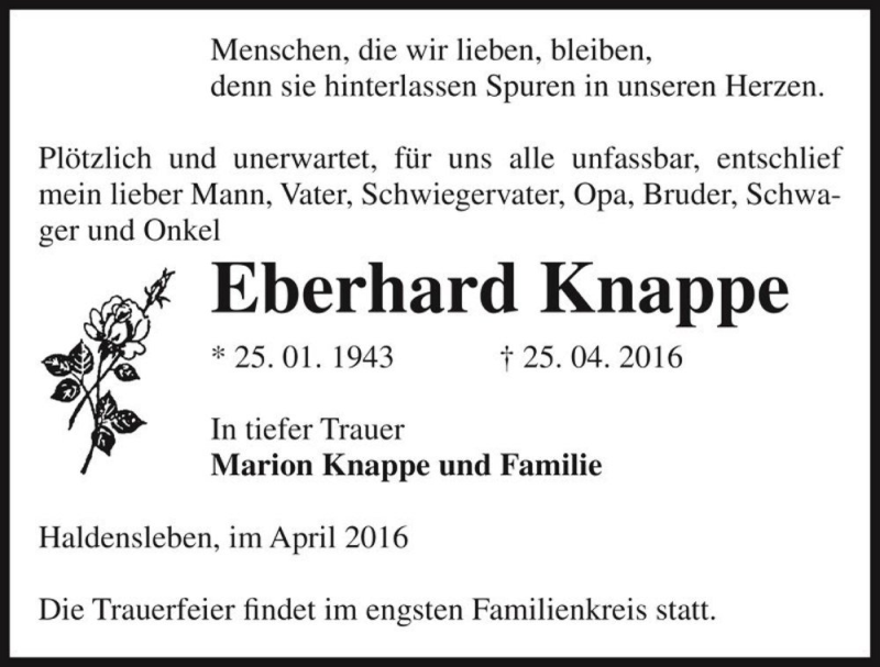  Traueranzeige für Eberhard Knappe  vom 30.04.2016 aus Magdeburger Volksstimme