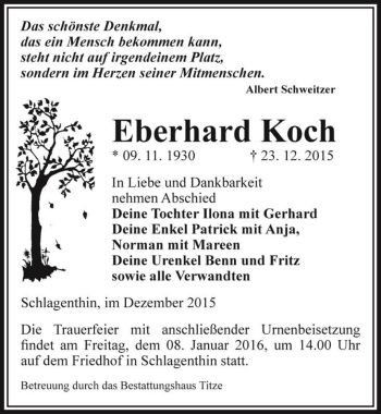 Traueranzeige von Eberhard Koch  von Magdeburger Volksstimme