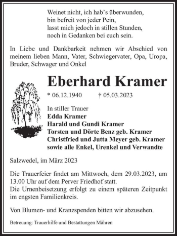 Traueranzeige von Eberhard Kramer  von Magdeburger Volksstimme