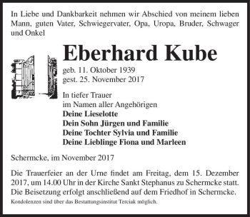 Traueranzeige von Eberhard Kube  von Magdeburger Volksstimme