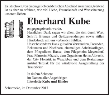Traueranzeige von Eberhard Kube  von Magdeburger Volksstimme