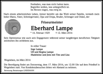 Traueranzeige von Eberhard Lampe  von Magdeburger Volksstimme