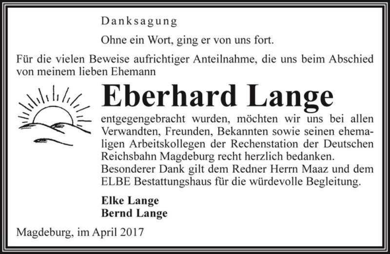  Traueranzeige für Eberhard Lange  vom 15.04.2017 aus Magdeburger Volksstimme