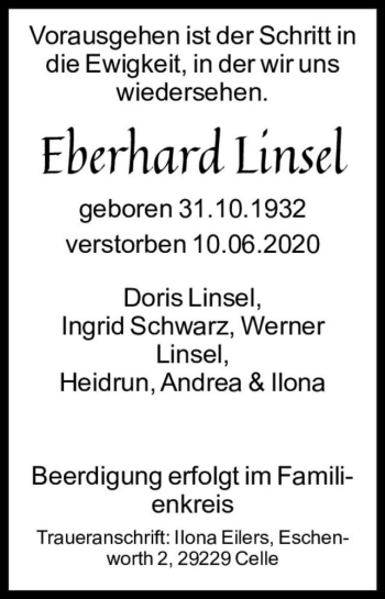 Traueranzeige von Eberhard Linsel  von Magdeburger Volksstimme
