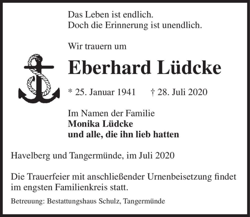  Traueranzeige für Eberhard Lüdcke  vom 01.08.2020 aus Magdeburger Volksstimme