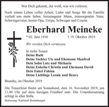 Traueranzeige von Eberhard Meinecke  von Magdeburger Volksstimme