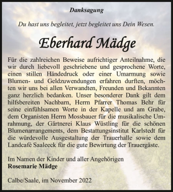 Traueranzeige von Eberhard Mädge  von Magdeburger Volksstimme