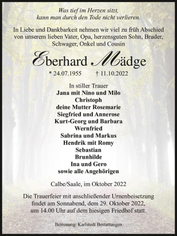 Traueranzeige von Eberhard Mädge  von Magdeburger Volksstimme