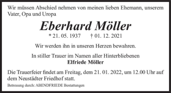 Traueranzeige von Eberhard Möller  von Magdeburger Volksstimme
