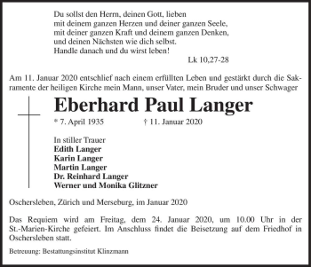 Traueranzeige von Eberhard Paul Langer  von Magdeburger Volksstimme