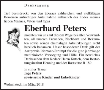 Traueranzeige von Eberhard Peters  von Magdeburger Volksstimme