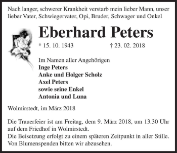 Traueranzeige von Eberhard Peters  von Magdeburger Volksstimme