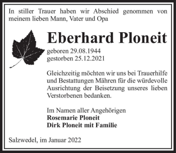 Traueranzeige von Eberhard Ploneit  von Magdeburger Volksstimme