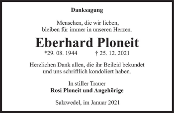 Traueranzeige von Eberhard Ploneit  von Magdeburger Volksstimme