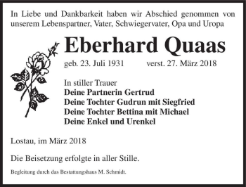 Traueranzeige von Eberhard Quaas  von Magdeburger Volksstimme