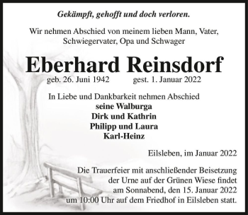 Traueranzeige von Eberhard Reinsdorf  von Magdeburger Volksstimme