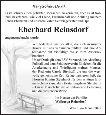 Traueranzeige von Eberhard Reinsdorf  von Magdeburger Volksstimme