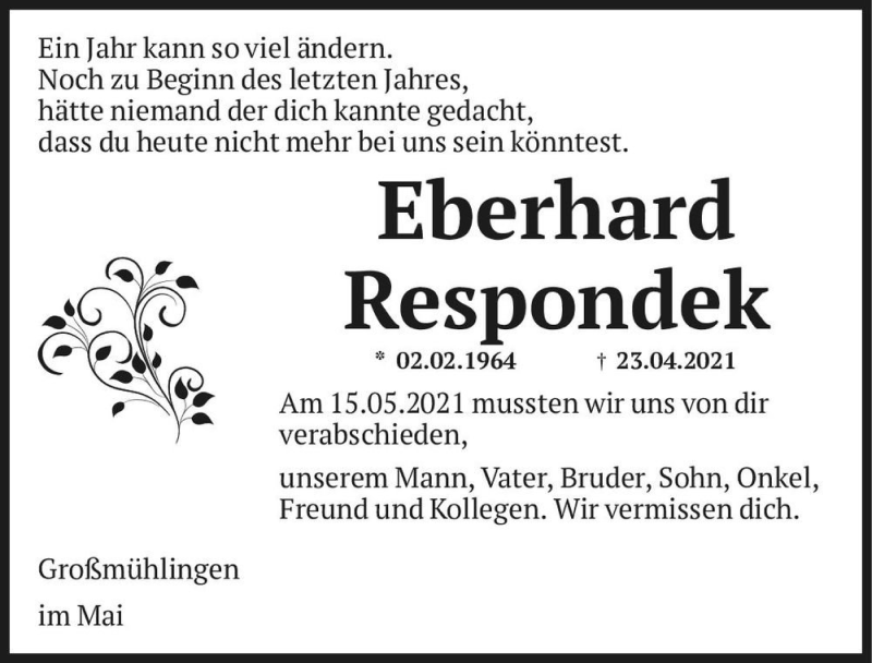  Traueranzeige für Eberhard Respondek  vom 29.05.2021 aus Magdeburger Volksstimme