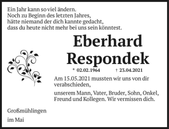 Traueranzeige von Eberhard Respondek  von Magdeburger Volksstimme