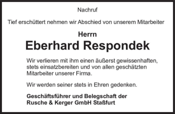 Traueranzeige von Eberhard Respondek  von Magdeburger Volksstimme