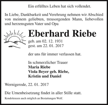 Traueranzeige von Eberhard Riebe  von Magdeburger Volksstimme